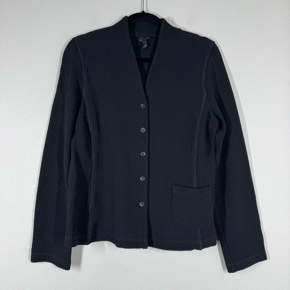 Eileen Fisher Waffle Knit Black Blazer Jacket Textured Button Up Size Medium